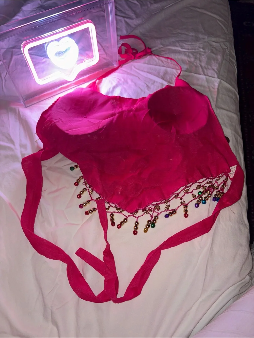 Girls Hot Pink Belly Dance Top with Gold Coin Fringe
